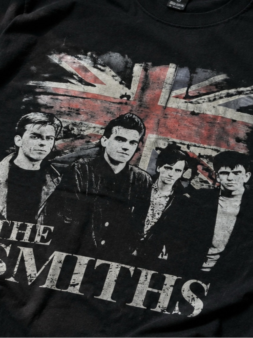 Black Cotton Tee With British Band Graphic and Union Jack Print